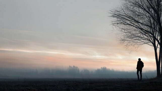 Existential crisis and mental health issues A man stands alone in nature at dusk silhouetted against a foggy landscape contemplating life and facing uncertainty evoking feelings of loneliness.