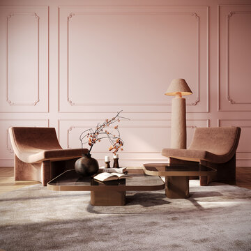 Modern interior design. Living room. Contemporary home interior with pink walls. 3D Rendering, 3D Illustration