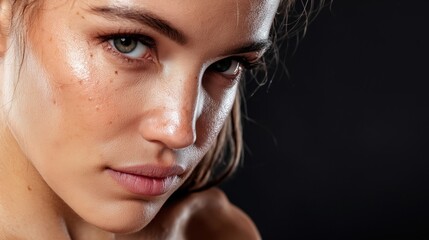 Post-workout glow and skincare showing a close-up of a sweaty woman's after exercise representing fitness health beauty and self-care The natural radiance and hydration of the skin after a workout.