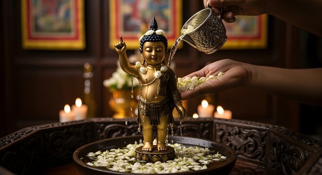 The ritual bathing of a small statue of the baby Buddha with scented water.