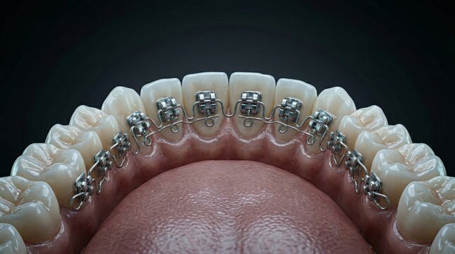 Premium lingual braces macro on lower teeth with hidden orthodontic system