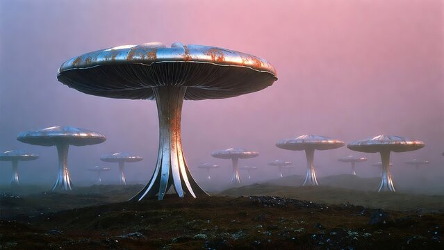 Futuristic metallic mushroom structures in a misty landscape, alien architecture on a distant planet, surreal chrome fungi forest at sunset