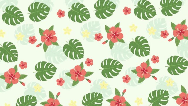 Seamless Looping Tropical Flower Pattern Motion Background with Pink Hibiscus and Monstera