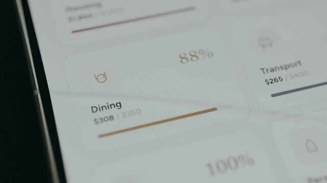 Financial budget tracker, Dining category show amount of 308 USD spent out of a 350 USD budget
