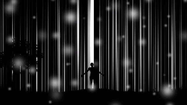 A silhouette of a man in nature among glowing lights, raising his hands toward a bright light on a huge digital wall. The idea of ​​escaping the matrix, freedom of choice, open mind, meditation. 4K.