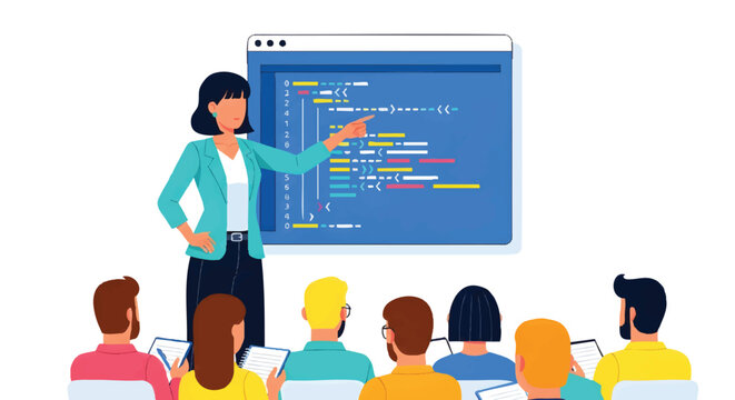 woman teacher explaining coding to students in classroom