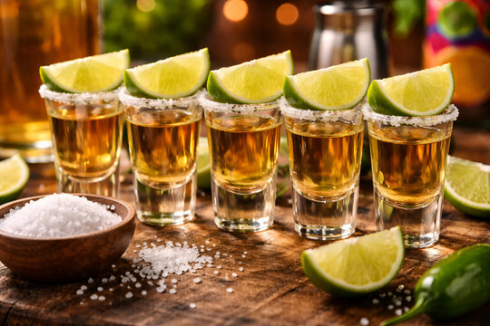 Chupitos de tequila con rodajas de lima y sal sobre una mesa de madera, un concepto de bebida mexicana festiva perfecto para una fiesta y celebraci&oacute;n del Cinco de Mayo.