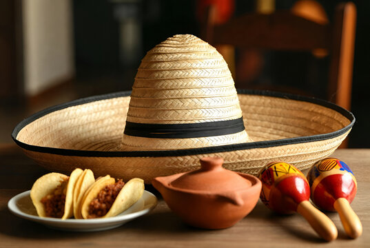 Sombrero mexicano con maracas y tacos sobre una mesa r&uacute;stica, composici&oacute;n festiva tradicional de naturaleza muerta que representa la cultura y celebraci&oacute;n del Cinco de Mayo.