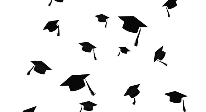 Multiple graduation caps flying in the air on a white background in a vector illustration