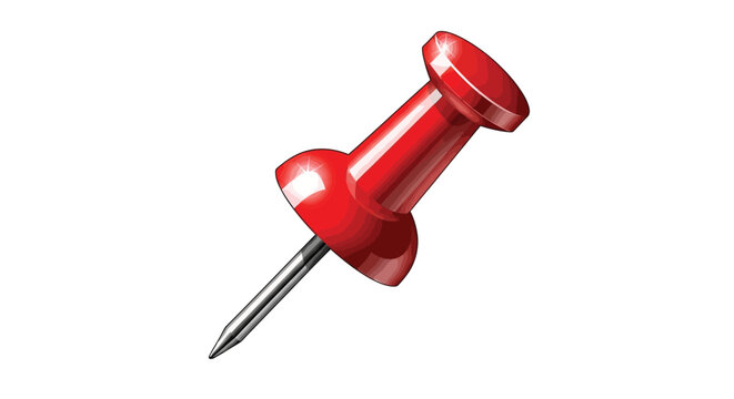 Red push pin illustration with shiny surface and metal point on white background
