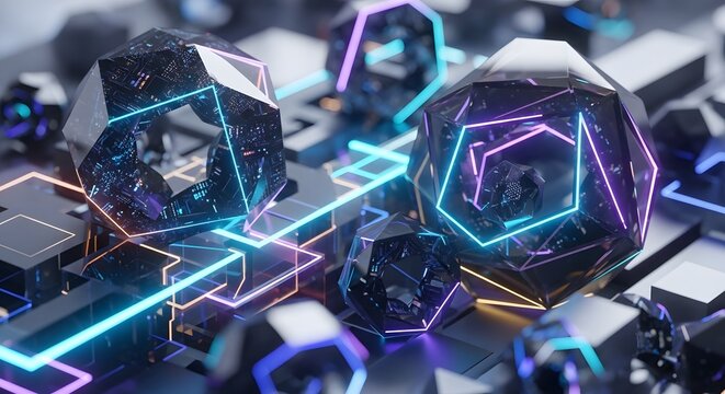 Futuristic Geometric Orbs with Neon Light Edges on Reflective Grid