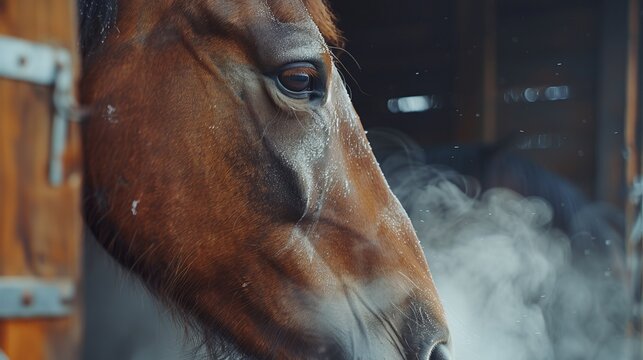 Dramatic close up of a horse exhaling steam in a stable on a chilly day   equine portrait concept