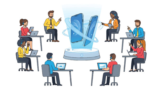 People working around a large ice cube with laptops teamwork concept