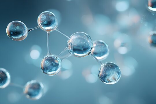 Hydrostatic bond, covalent bond, hydrogen bond composition of Blue water drops on a glossy blue background with shiny reflective bubble texture