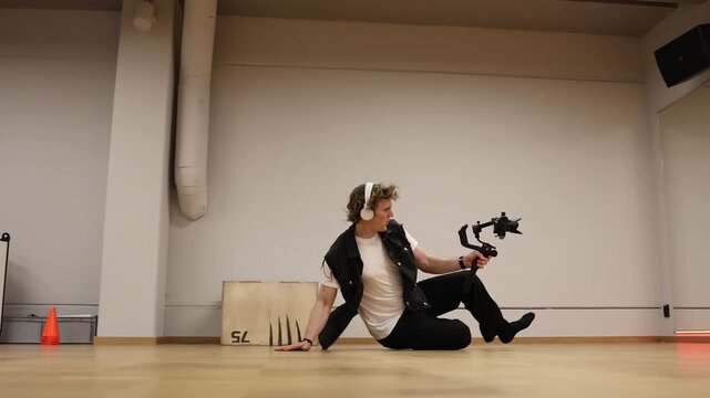 Professional videographer slides across floor holding camera on gimbal performing dynamic low angle tracking shot showing advanced filming technique control precision and creativity