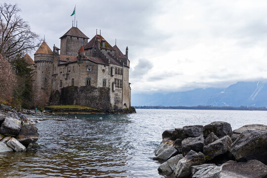 Chillon castle on island in lake geneva switzerland