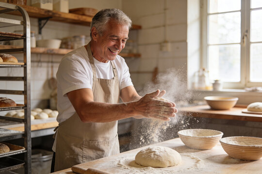 Flour dusts from the baker's hands
