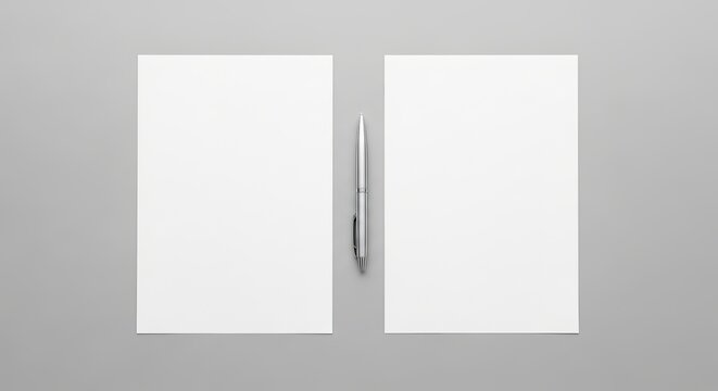 Two blank white paper sheets with a silver pen on a gray surface. Financial document template for planning and signing personal money contracts. Concept of debt, bill or tax form.