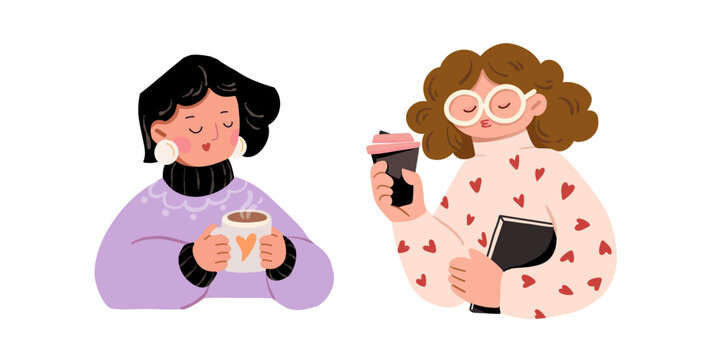 Coffee lover women, bookish girl and caf&eacute; girl, cute vector illustration