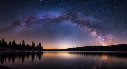 Fototapeta premium starry night sky over serene lake reflection