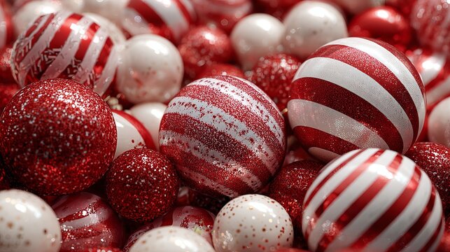 Christmas balls, red and white, cluster in a close view.