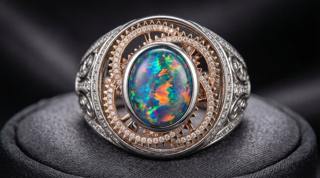 A luxury opal ring features a vibrant oval gemstone with intense orange green and blue fire set in a highly detailed silver band with intricate patterns and small accents in a close up studio photo