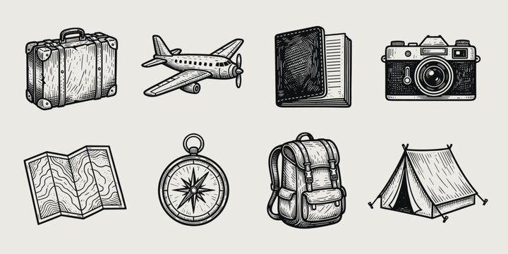 Vintage Outdoor Adventure and Travel Engraving Icons Set on a Light Background