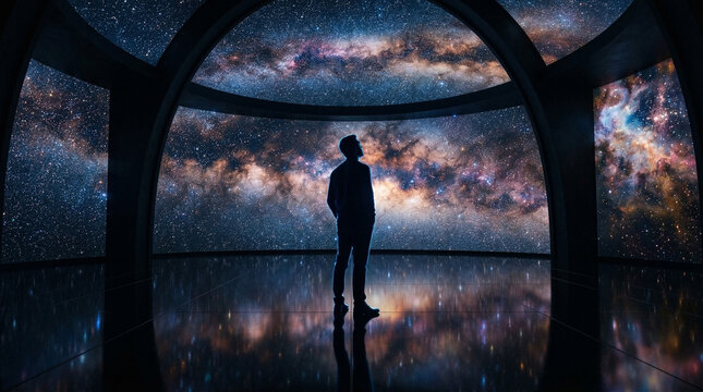 The silhouette of a person stands in a massive modern observatory looking out through a large curved window at the brilliant milky way galaxy stretching across the deep black void of outer space
