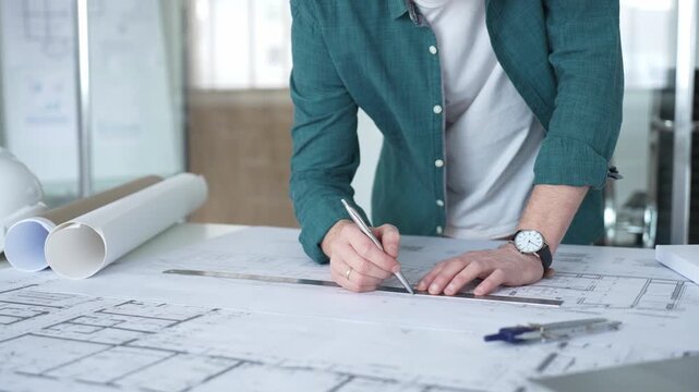 Architect designing building plan using ruler and pen, working on blueprints for construction and engineering project. Architecture and business concept