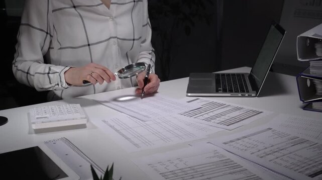 Person checking financial data with a magnifying glass, analyzing corporate tax documents and accounting reports, diligently performing an audit, investigation, or forensic examination late at night