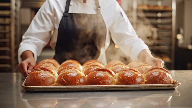 Baker proudly presents freshly baked bread in a warm bakery setting.