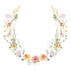Obraz premium Spring wreath. Watercolor colorful wildflower floral clipart - flower meadow green red yellow herbs leaves. Wedding invitation, fashion, background, textile. Peony, rose, shamrock, chamomile, ivy