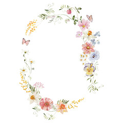Naklejka premium Spring wreath. Watercolor colorful wildflower floral clipart - flower meadow green red yellow herbs leaves. Wedding invitation, fashion, background, textile. Peony, rose, shamrock, chamomile, ivy
