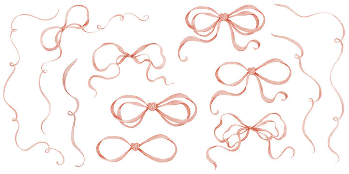 Watercolor ribbon bows painted in soft pink tones. Ideal for baby shower invitations gift wrapping wedding stationery and feminine branding.