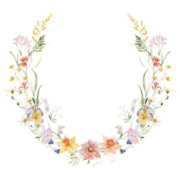 Spring wreath. Watercolor colorful wildflower floral clipart - flower meadow green red yellow herbs leaves. Wedding invitation, fashion, background, textile. Peony, rose, shamrock, chamomile, ivy