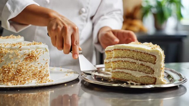 Chef Slicing Delicious Layered Cake with Cream Frosting and Nuts.