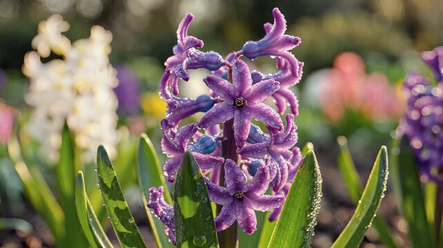 Closeup of a vibrant purple hyacinth flower blooming in a garden.