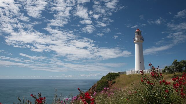 Towering lighthouse stands against bright summer sky.