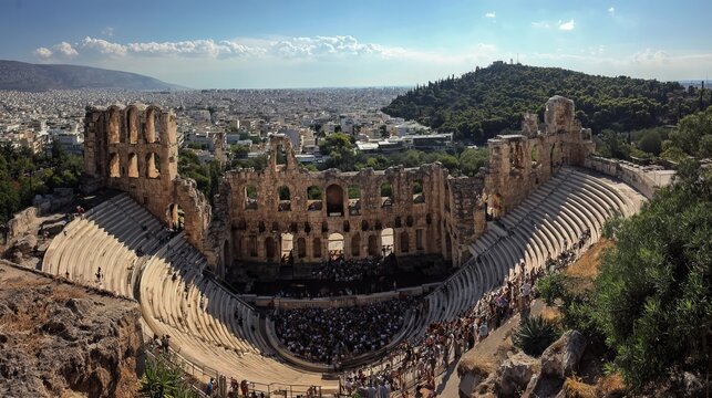 Ancient Odeon theater near Acropolis in Athens, Greece hosts performances.