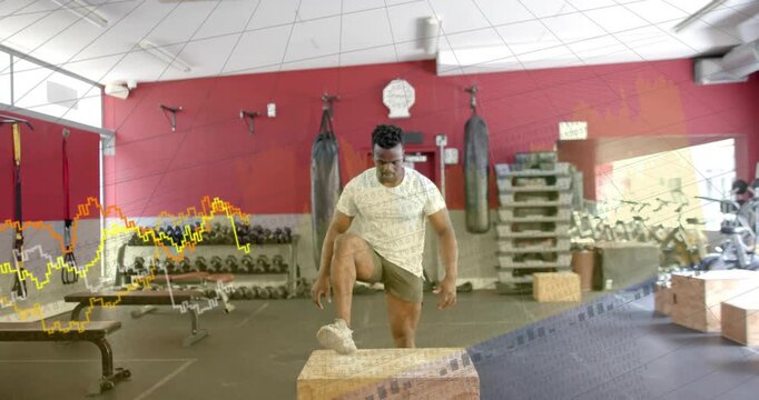 Athlete stepping off plyo box, doing single-leg stepups then jumping, chart overlay showing fitness