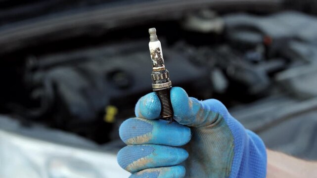 Auto mechanic holds burned spark plug in hand close up with car in background. Vehicle maintenance, engine failure and repair service concept.