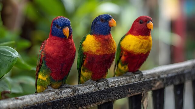 Three colorful lorikeets rest in the Balata Garden, Martinique.
