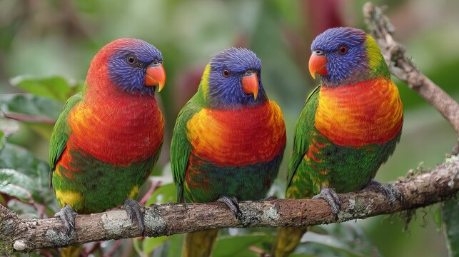 Three colorful lorikeets rest in the Balata Garden, Martinique.
