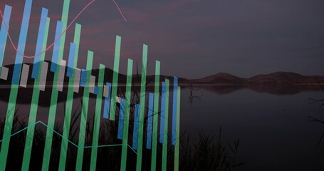 Naklejka premium Showing translucent bar chart and line graphs overlaying calm lake at dusk, reflecting reeds, snags