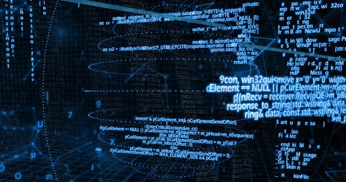 Glowing central cluster of floating code panels pulsing inside 3D tunnel, with wireframe grid