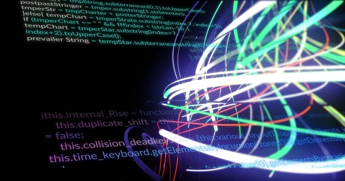 Glowing multicolored neon ribbons looping and intersecting on dark virtual backdrop, with code text