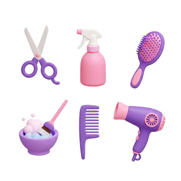 3D Beauty Salon and Hairdressing Tools Icon Set in Pastel Claymorphism Style