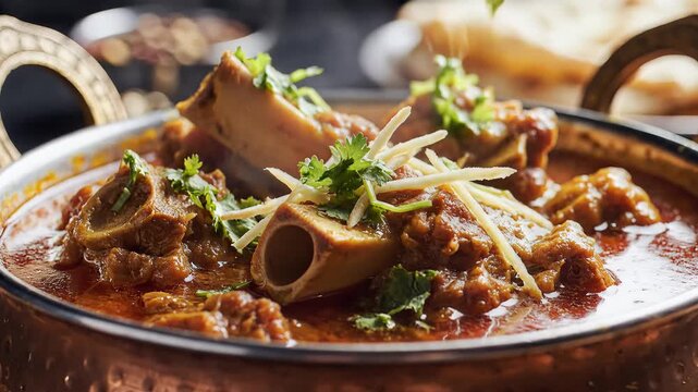 Delicious Indian Mutton Curry with Bone Marrow in Copper Bowl.