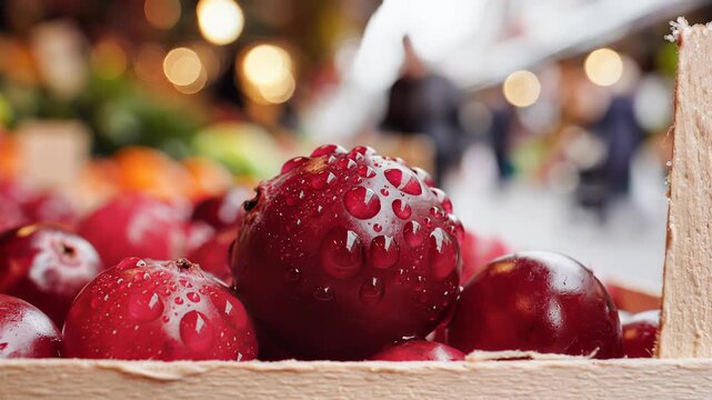 Closeup of Fresh Red Pomegranates at a Market Stall.