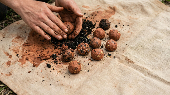 Rolling wildflower seed bombs with clay and compost